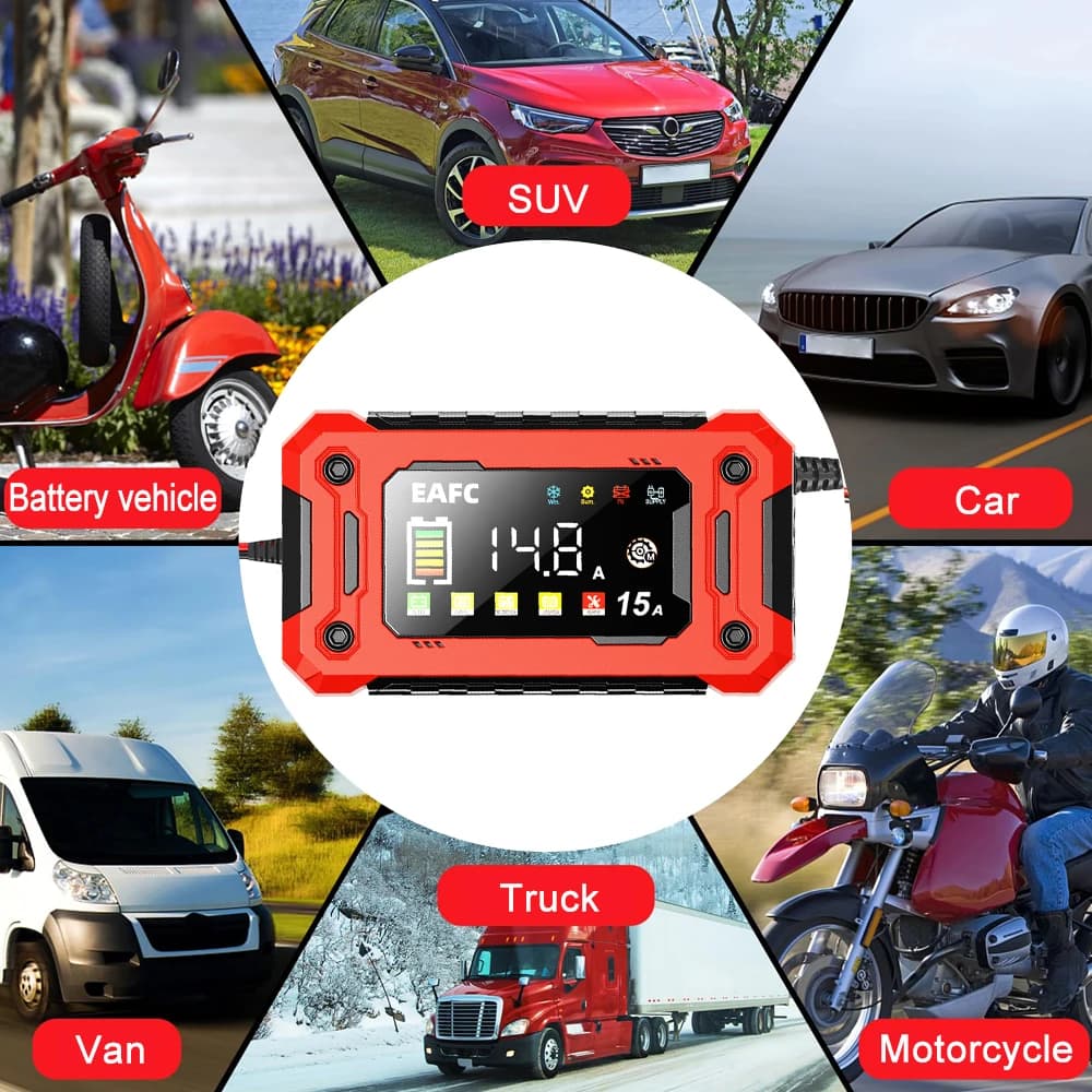 Ładowarka do akumulatora 12 V 15 A / 8 A z ekranem LCD – EAFC
